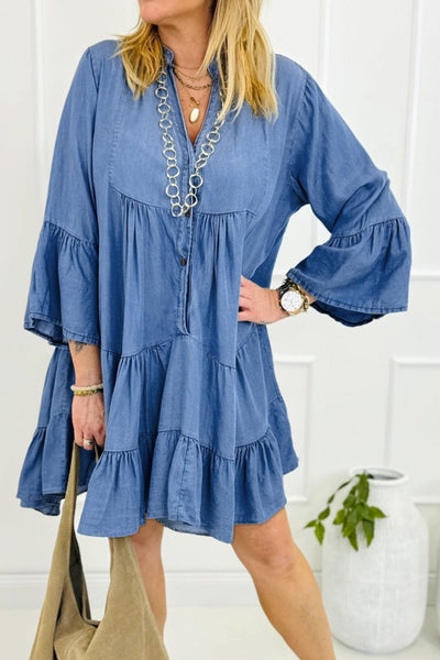 Medium / S Notched Three-Quarter Sleeve Denim Dress