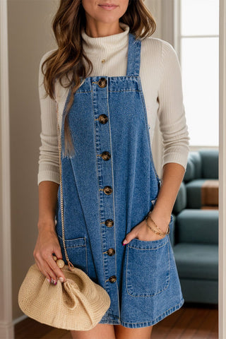 Medium / S Square Neck Wide Strap Denim Overall Dress