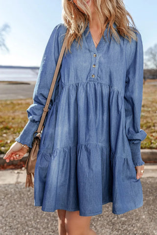 Medium / S Tiered Johnny Collar Long Sleeve Denim Dress