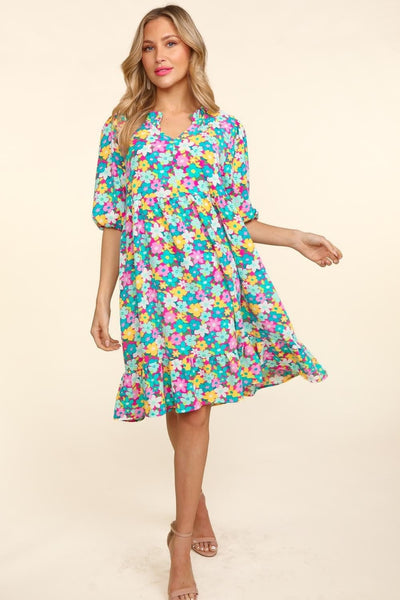 Mint/Fuchsia / S Haptics Bubble Sleeve Floral Ruffled Dress