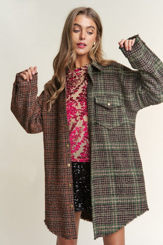 Misty Forest / S J.NNA Snap Down Tweed Plaid Contrast  Longline Shacket