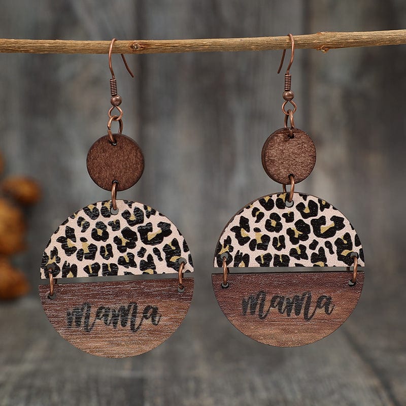 Mocha / One Size Wooden Leopard Round Shape Earrings