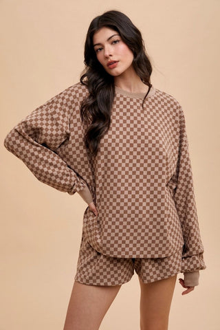 Mocha / S Annie Wear Checkered Round Neck Top and Drawstring Shorts Set