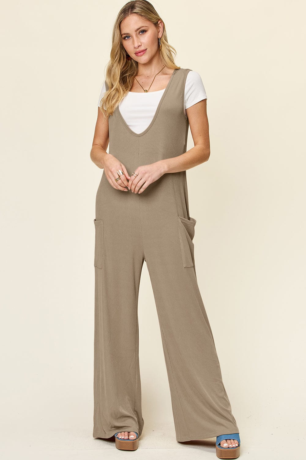 Mocha / S Double Take Full Size Sleeveless Wide Leg Jumpsuit with Pockets