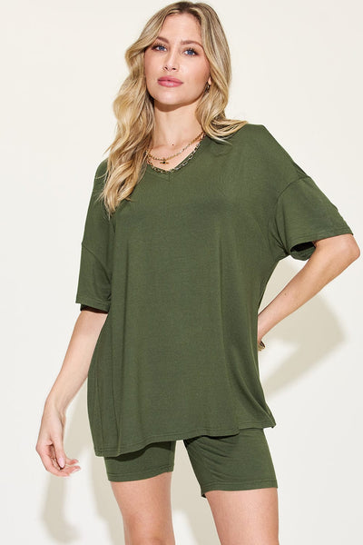 Moss / S Basic Bae Full Size V-Neck Drop Shoulder Short Sleeve T-Shirt and Shorts Set