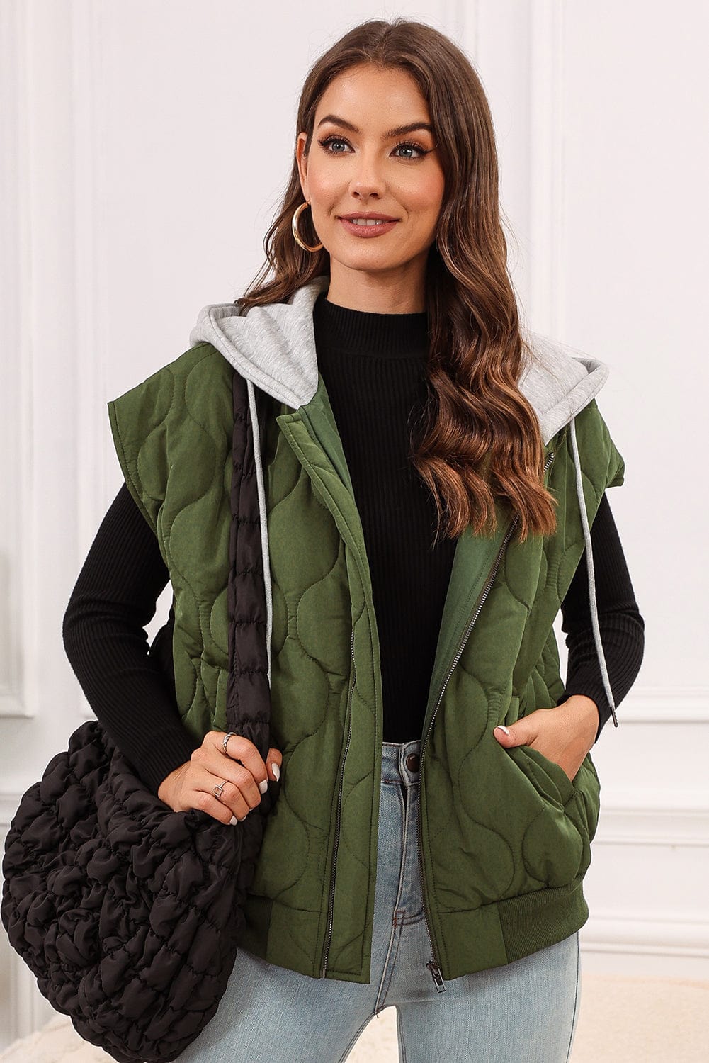 Moss / S Drawstring Zip Up Hooded Vest Coat