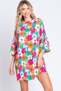 Multi / S GeeGee Full Size Floral Round Neck Lantern Sleeve Mini Dress