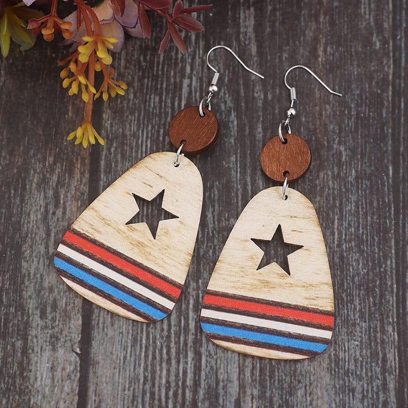 Multicolor / One Size Cutout Star & Stripes Wooden Dangle Earrings