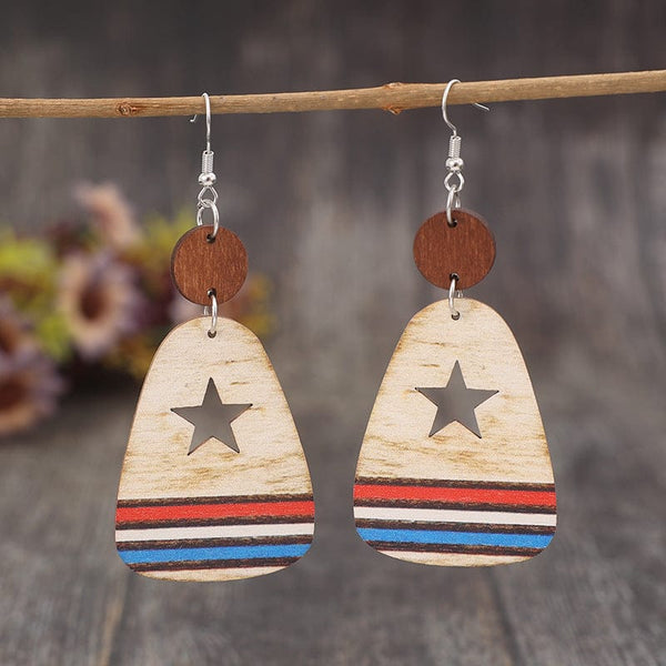 Multicolor / One Size Cutout Star & Stripes Wooden Dangle Earrings