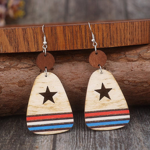 Multicolor / One Size Cutout Star & Stripes Wooden Dangle Earrings