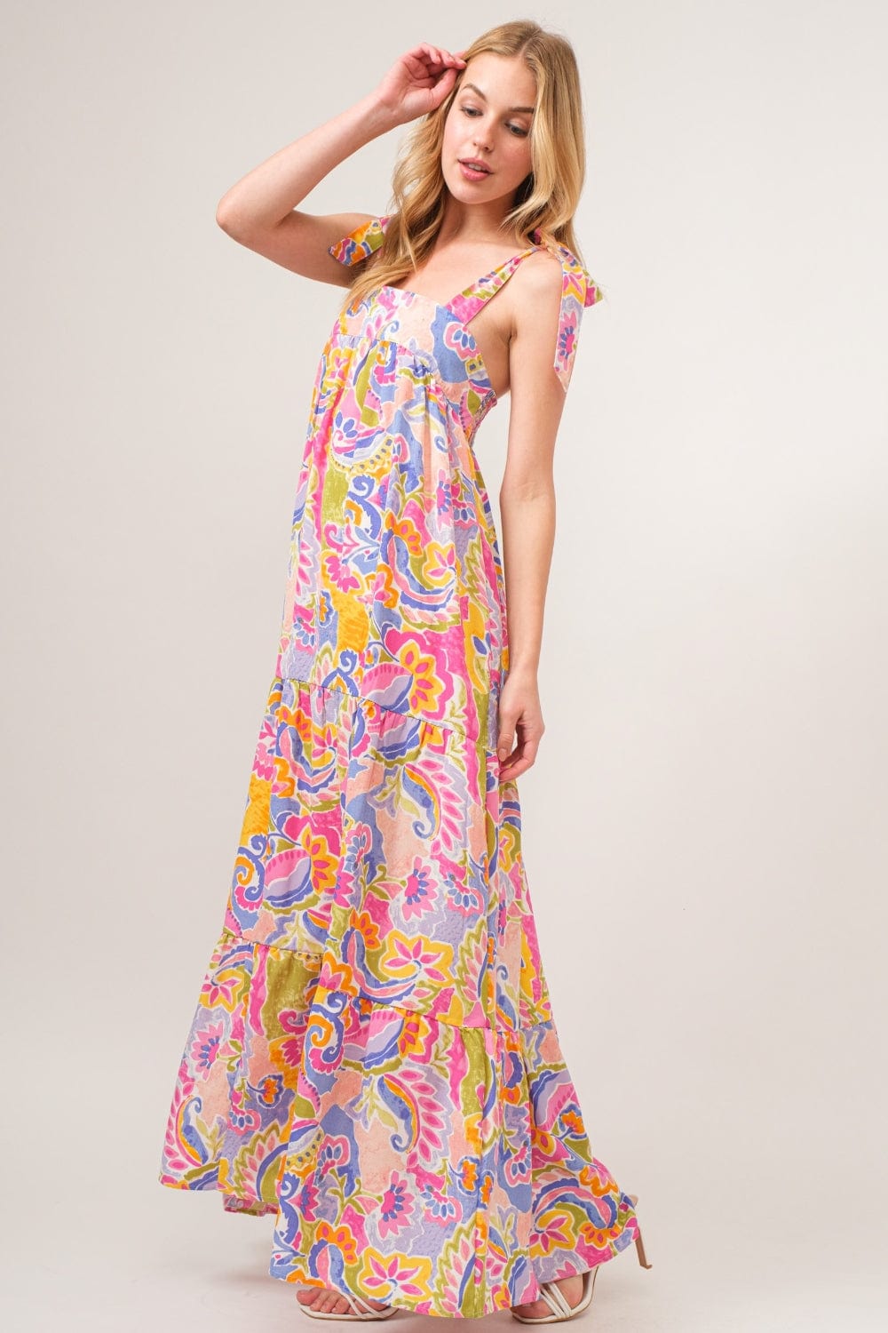 Multicolor / S And The Why Full Size Printed Tie Shoulder Tiered Maxi Dress