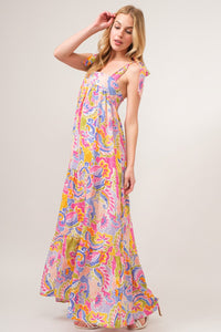 Multicolor / S And The Why Full Size Printed Tie Shoulder Tiered Maxi Dress