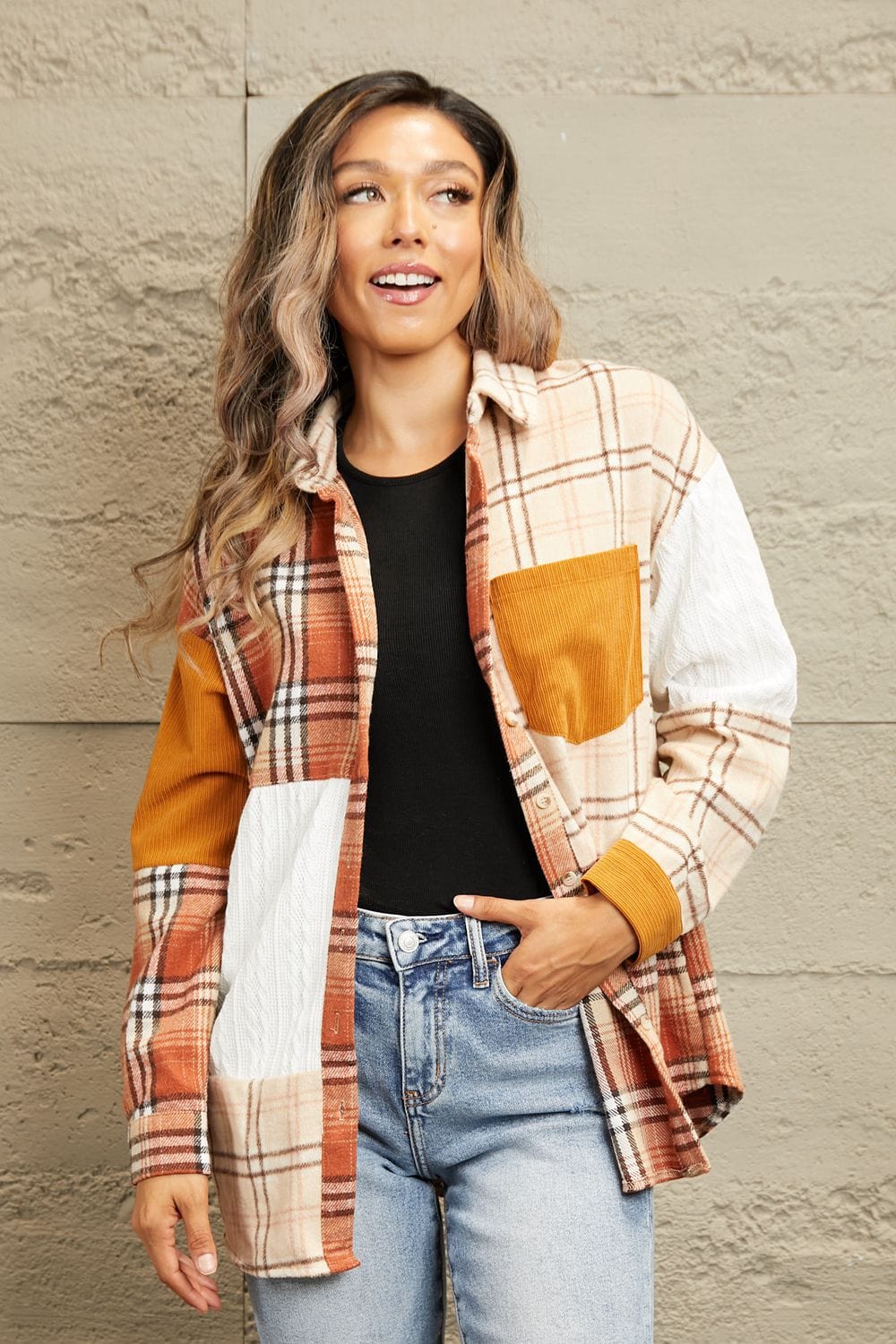 Mustard / S Double Take Plaid Color Block Dropped Shoulder Shacket