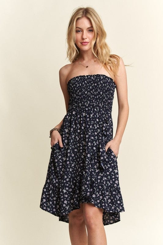 Navy / S ADORA Smocked Floral Tube Dress with Pockets