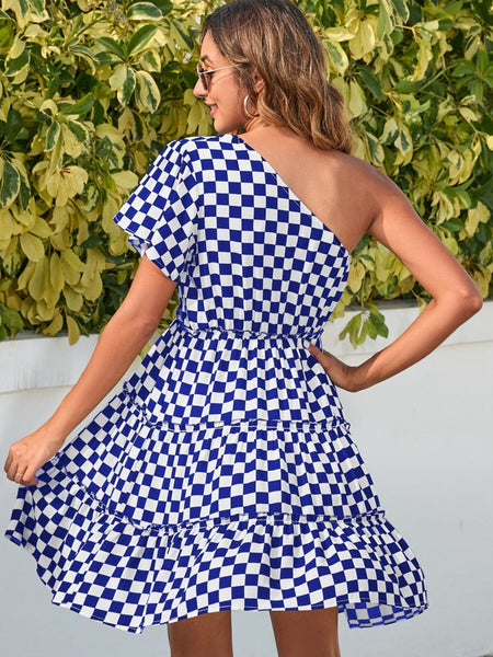 Navy / S Checkered Single Shoulder Mini Dress