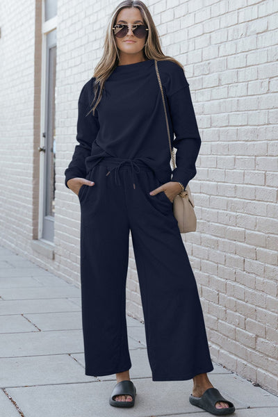 Navy / S Double Take Full Size Textured Long Sleeve Top and Drawstring Pants Set