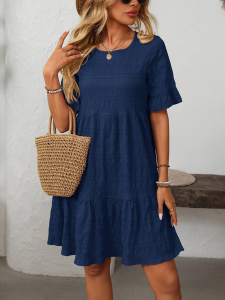 Navy / S Mandy Ruffled Ruched Round Neck Half Sleeve Dress