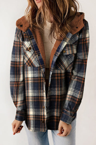 Navy / S Plaid Snap Down Hooded Jacket