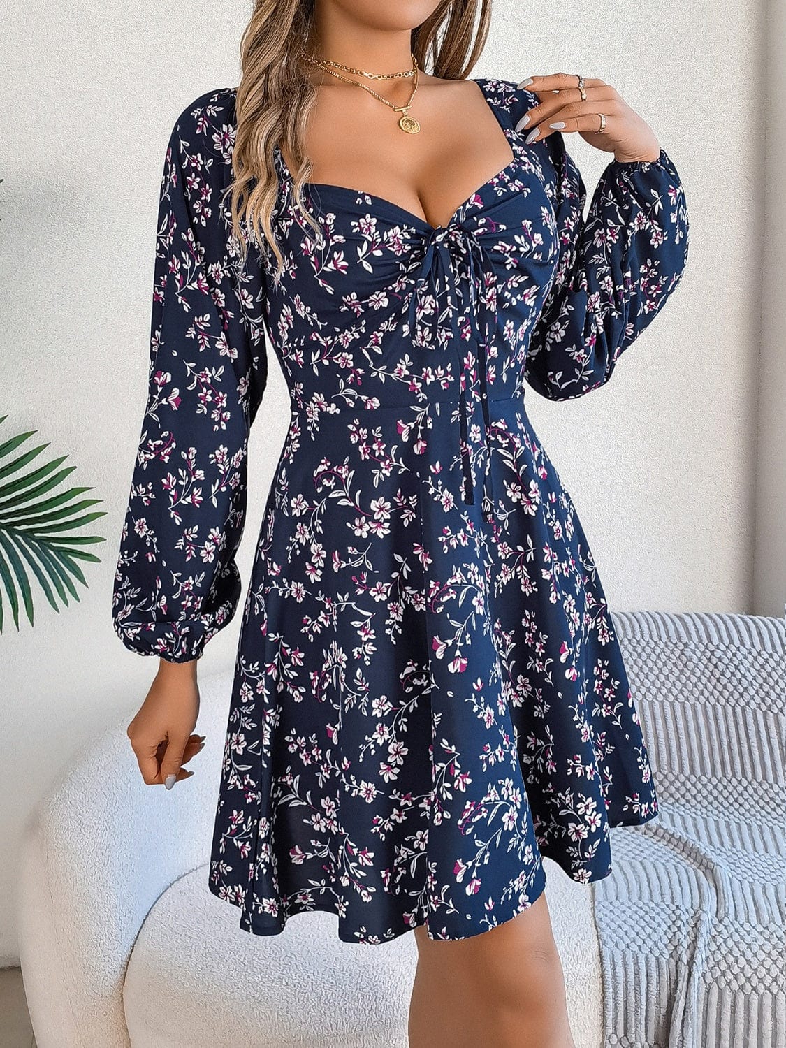 Navy / S Printed Sweetheart Neck Balloon Sleeve Mini Dress