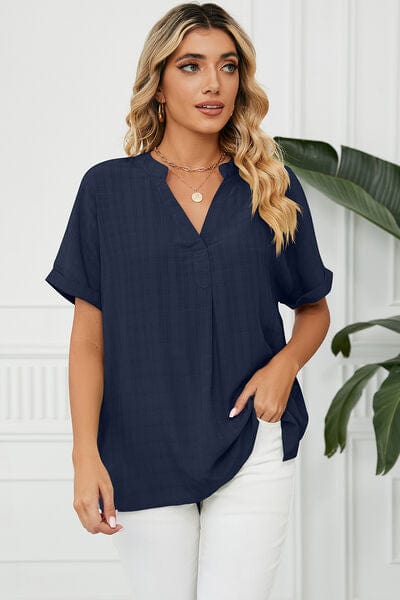 Navy / S Ruched Notched Short Sleeve Blouse