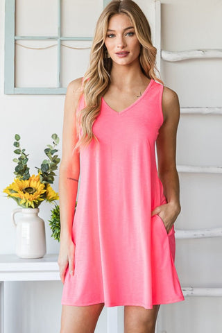 Neon Pink / S Heimish Full Size V-Neck Mini Tank Dress with Pockets