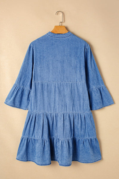 Notched Three-Quarter Sleeve Denim Dress