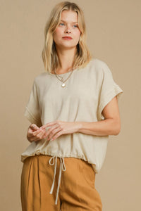 Oatmeal / S Umgee Drawstring Hem Round Neck Short Sleeve T-Shirt