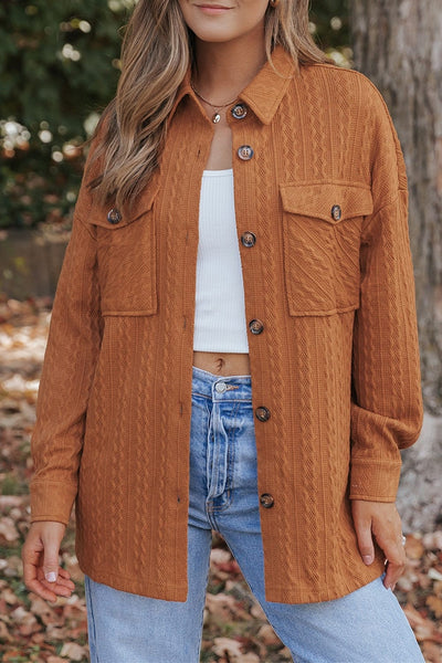 Ochre / S Textured Button Up Shacket with Pockets