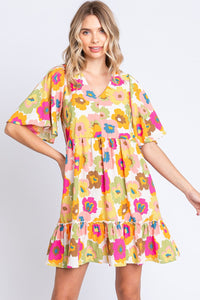 Off White Multi / S GeeGee Full Size Floral V-Neck Ruffle Trim Mini Dress