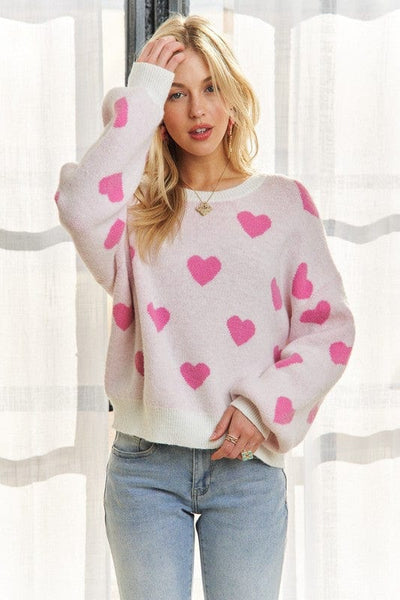 OFF WHITE/PINK / S ADORA Heart Round Neck Drop Shoulder Sweater