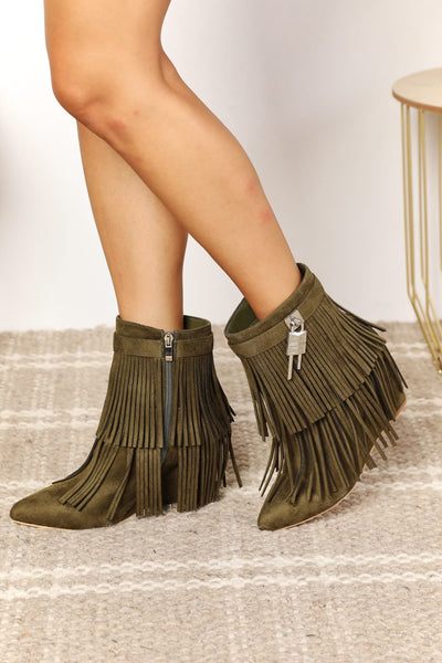 Olive / 6 Legend Women's Tassel Wedge Heel Ankle Booties