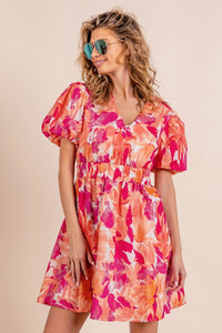 Orange/Fuchsia / S BiBi Floral V-Neck Puff Sleeve Mini Dress