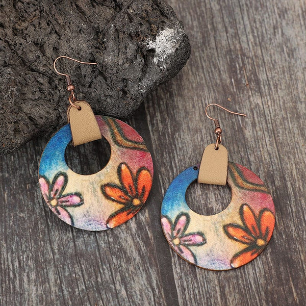 Orange / One Size Wooden Flower Round Shape Earrings