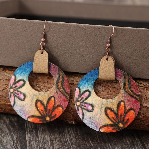 Orange / One Size Wooden Flower Round Shape Earrings