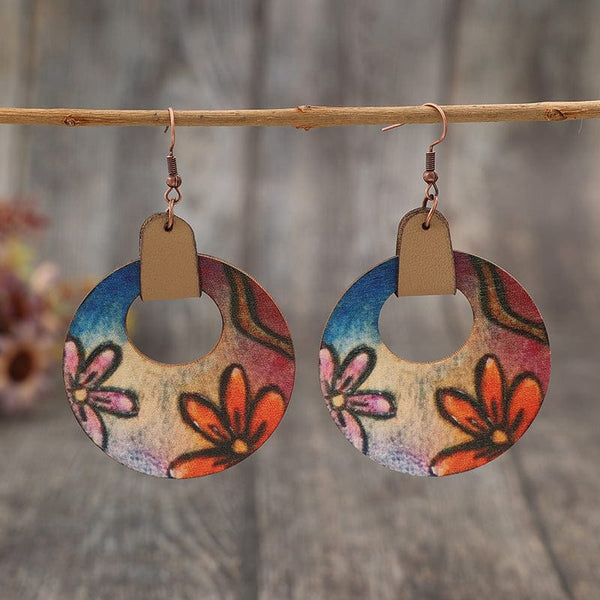 Orange / One Size Wooden Flower Round Shape Earrings