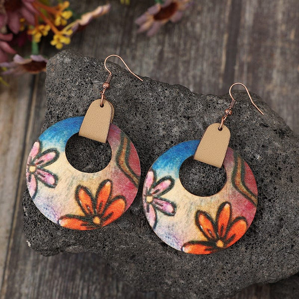 Orange / One Size Wooden Flower Round Shape Earrings