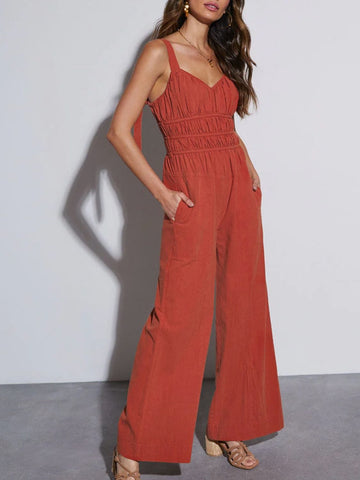 Orange-Red / M Perfee Ruched Wide Strap Jumpsuit with Pockets