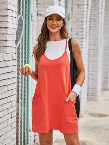 Orange-Red / S Scoop Neck Cami Dress and Shorts Set