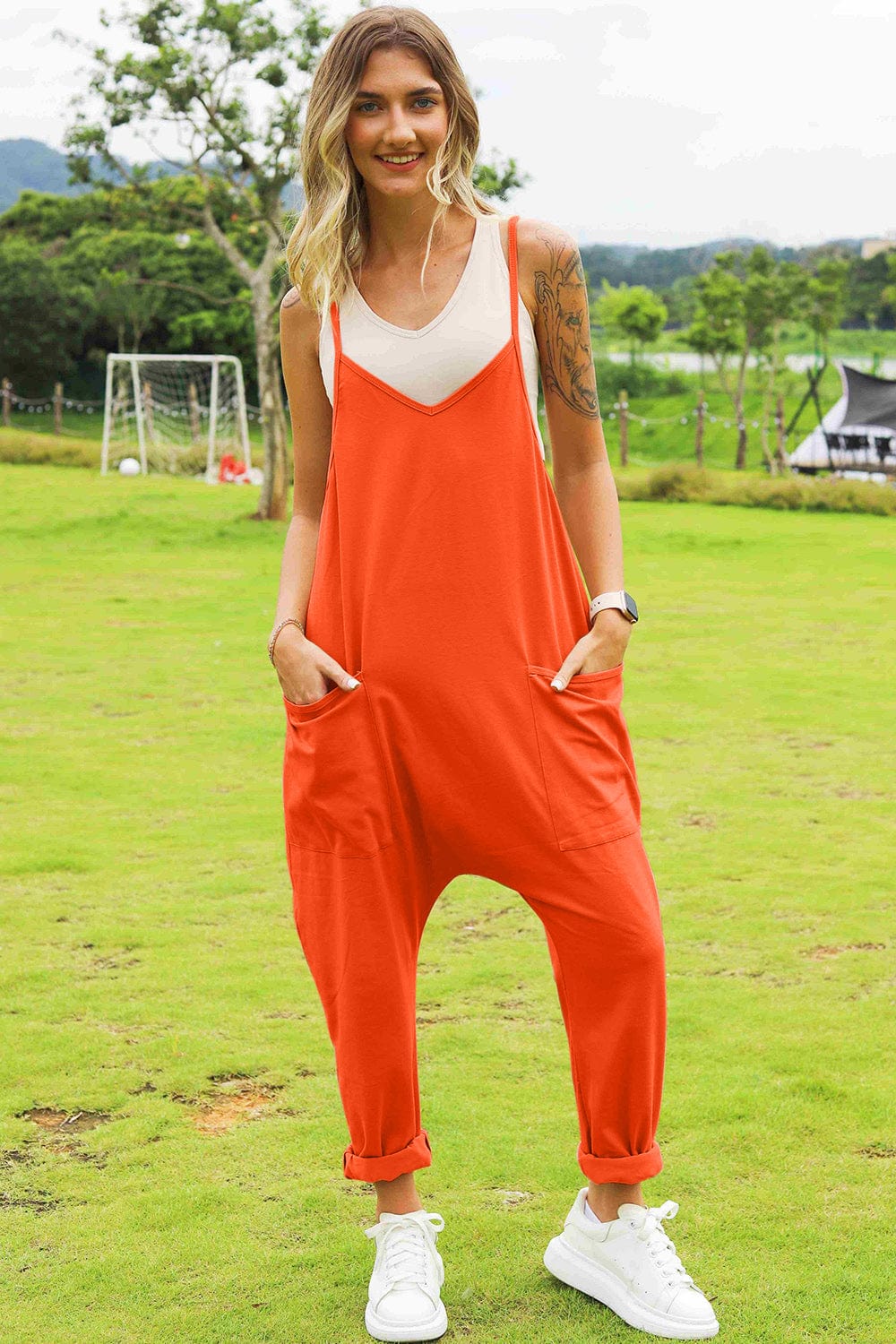 Orange / S Double Take Full Size Sleeveless V-Neck Pocketed Jumpsuit