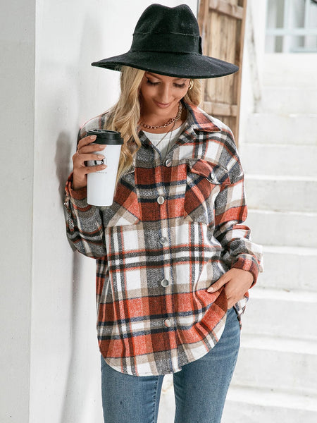 Orange / S Ivy Lane Meet You Outside Plaid Button Down Curved Hem Shacket