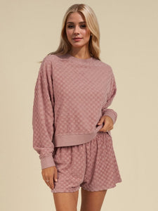 Pale Blush / S Oh Checkered Round Neck Long Sleeve Top and Shorts Set