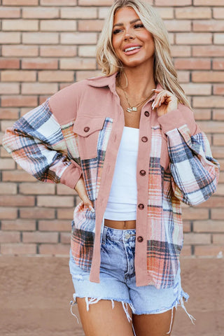 Pale Blush / S Plaid Button Up Long Sleeve Shacket