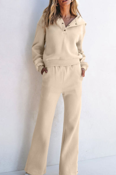 Parchment / S Half Snap Long Sleeve Hooded Top and Pants Set