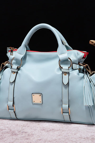 Pastel  Blue / One Size PU Leather Handbag with Tassels