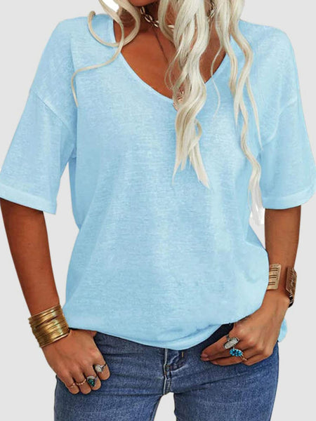 Pastel  Blue / S V-Neck Dropped Shoulder Half Sleeve T-Shirt