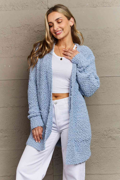 Pastel  Blue / S Zenana Falling For You Full Size Open Front Popcorn Cardigan