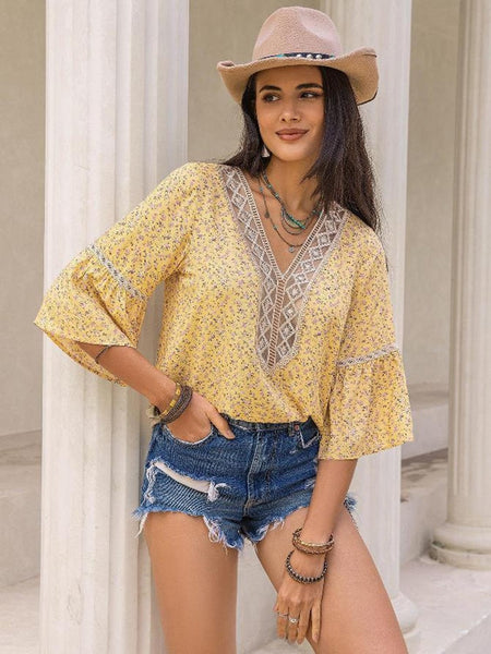 Pastel Yellow / S Ditsy Floral V-Neck Blouse