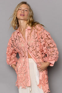 Peach Coral / S POL Collared Neck Button Up Lace Shirt
