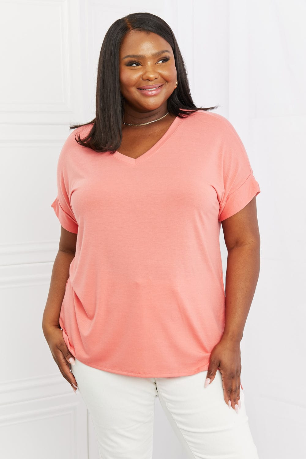 Peach / S Zenana Simply Comfy Full Size V-Neck Loose Fit Shirt