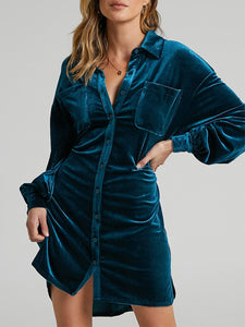 Peacock  Blue / S Collared Neck Button Down Long Sleeve Mini Dress